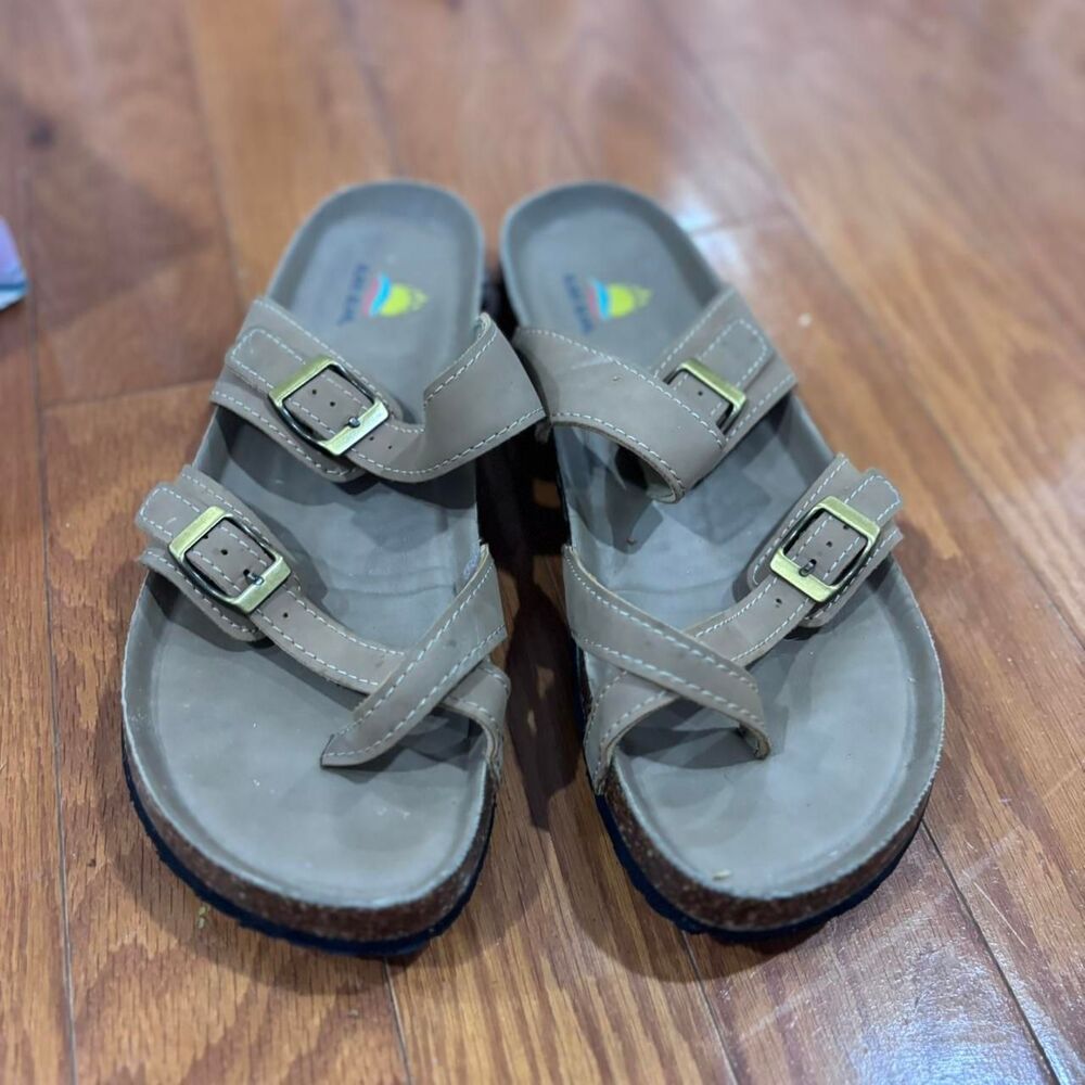 ALOHA ISLAND Women's Tan Brown Leather Strappy Sandals Adjustable Comfort Slides